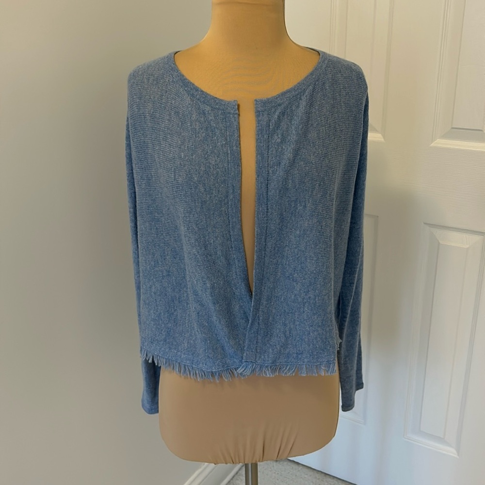 Kinross Light Blue Open-Front Frayed Hem Cardigan